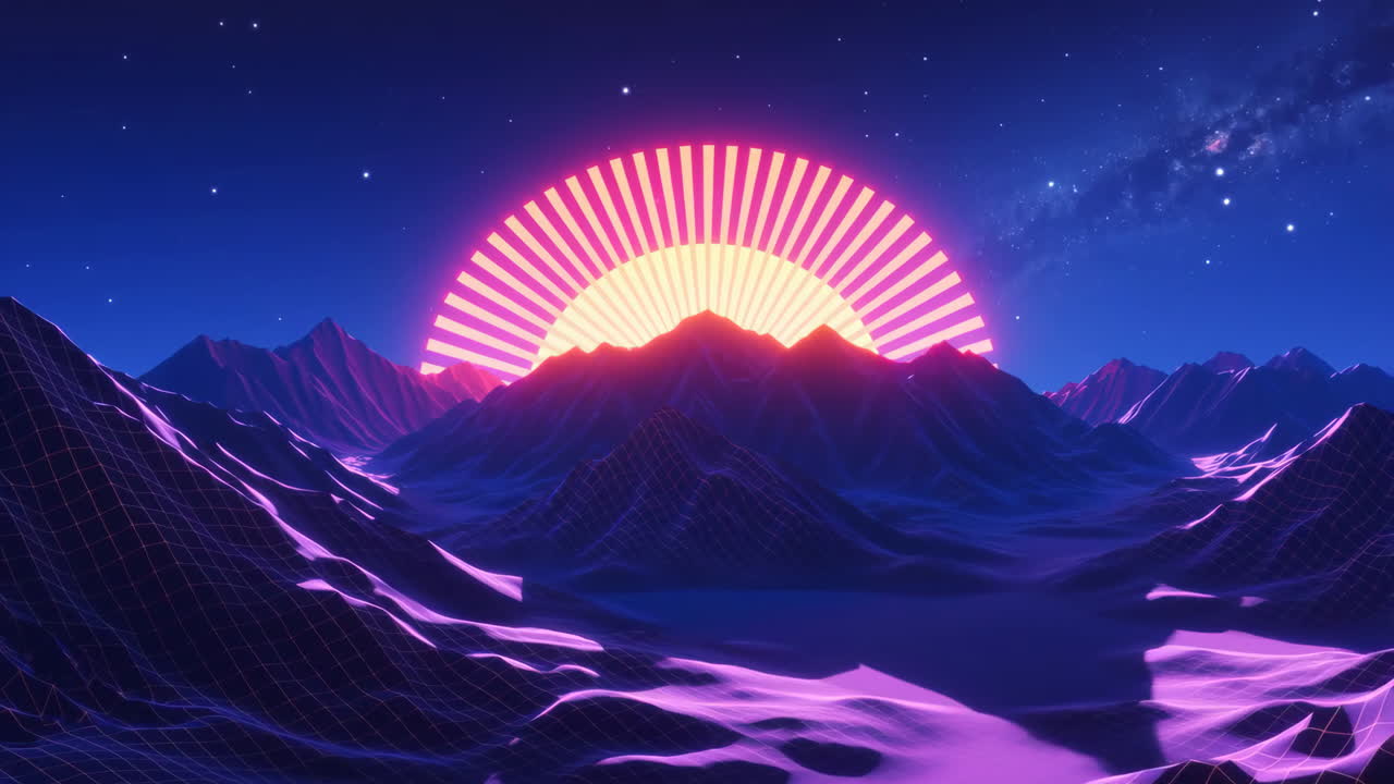 Paesaggio Synthwave con alba al neon