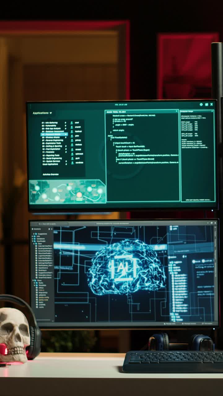 Vertical video Hacker in hideout running after criminal den is found by police