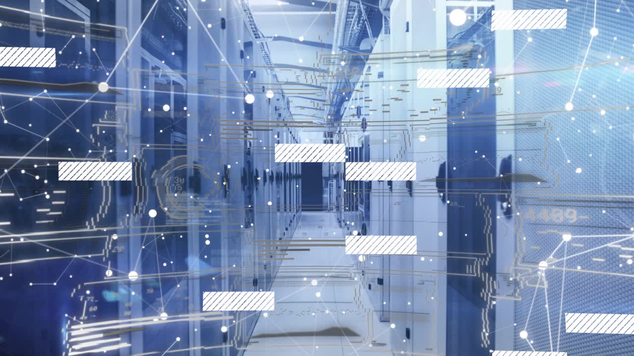 Rack corridor static until data overlay fading in triggers sliding bars visualizing streaming data