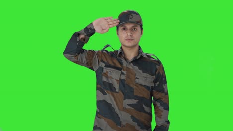 proud indian army man saluting green screen