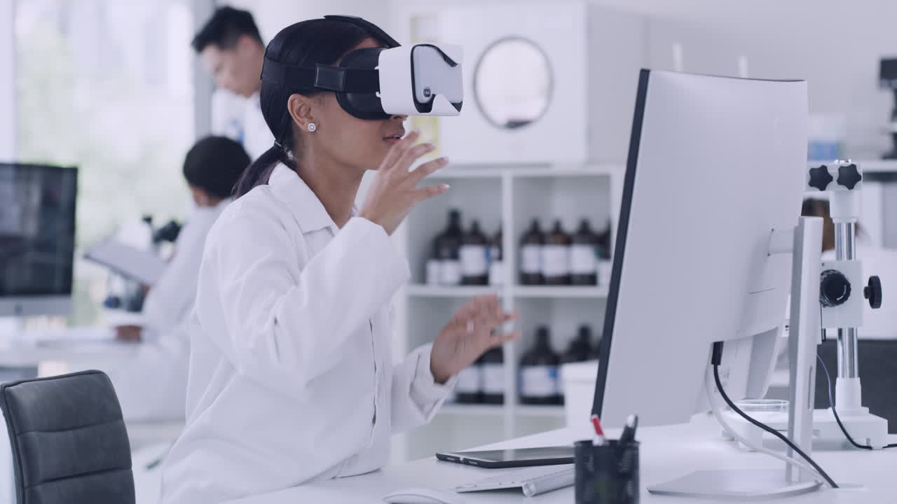 Scientist using virtual reality goggles to examine