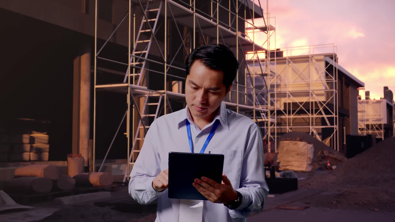 Asian Male Professional Worker Standing With His Tablet At Construction Site in Progress to New House, Work Continuously With His Tablet