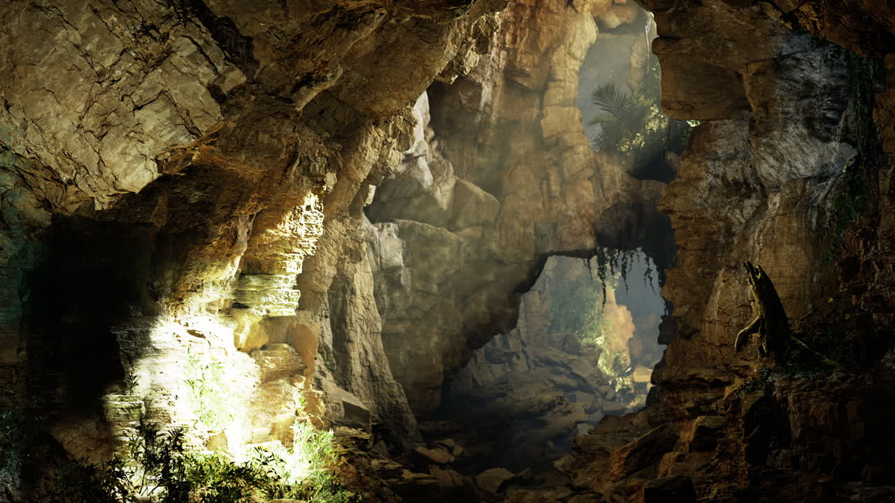 Grotta misteriosa con rocce luminescenti e vegetazione rigogliosa nella natura