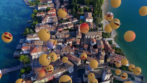 digital composition of multiple face emojis floating against aerial view of cityscape