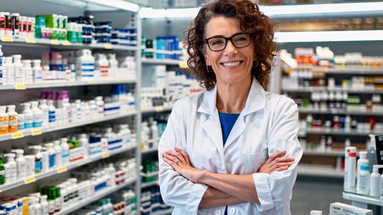 Farmacéutica Profesional Sonriendo con los Brazos Cruzados en Farmacia