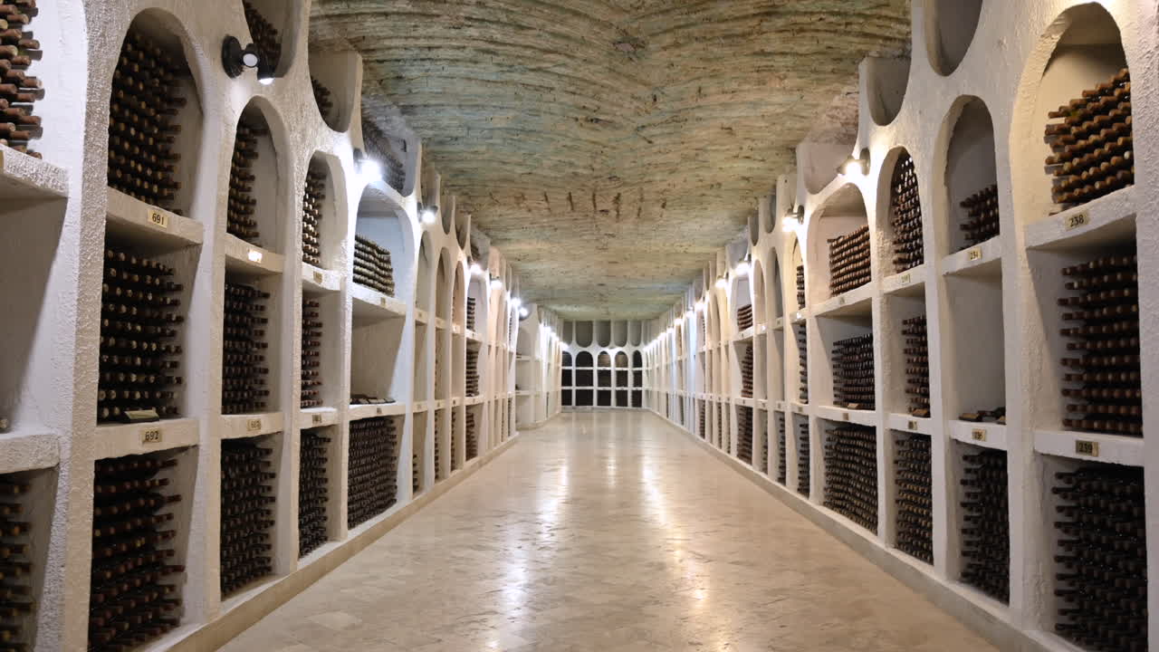 CRICOVA, MOLDOVA - 10 OCTOBER, 2021: Cricova cellars and wine collection rooms gallery with bottles