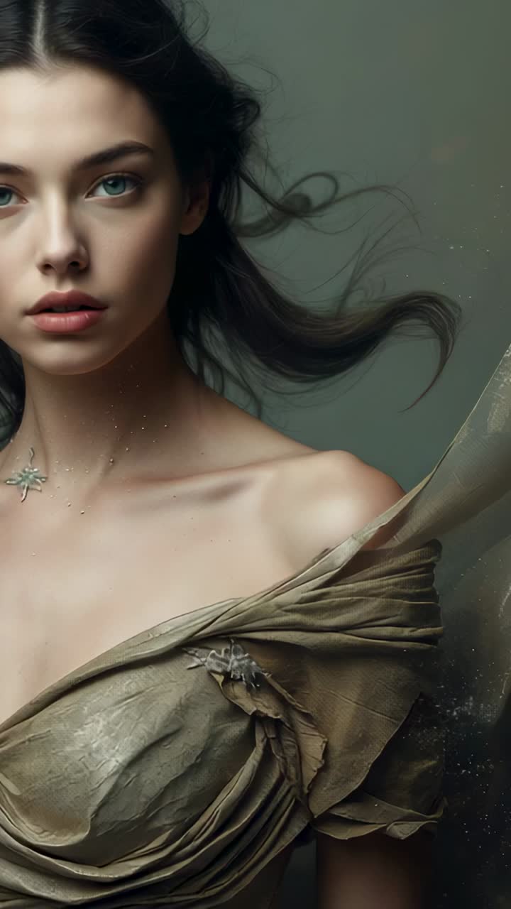 Vertical video: Posing model breathing as breeze lifting olive gown, brooch, star pendant in studio