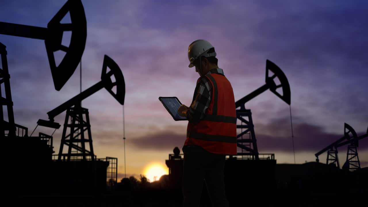 vista trasera de un ingeniero masculino asiático con casco de seguridad usando una tableta dibujando el plan de la turbina eólica mientras está de pie frente a las bombas de petróleo, durante la puesta o salida del sol
