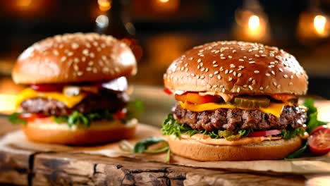 two hamburgers with cheese, lettuce, tomato, onion, and pickles on a wooden table