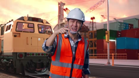 angry asian male engineer with safety helmet shouting at someone while standing with freight cargo train at port