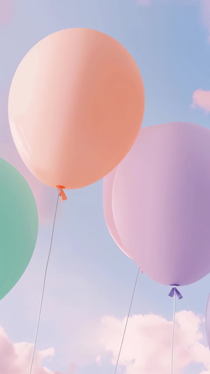 Video verticale: Palloncino color pesca che sale, allontanandosi sollevato dall'elio nel cielo blu, con fili sottili.