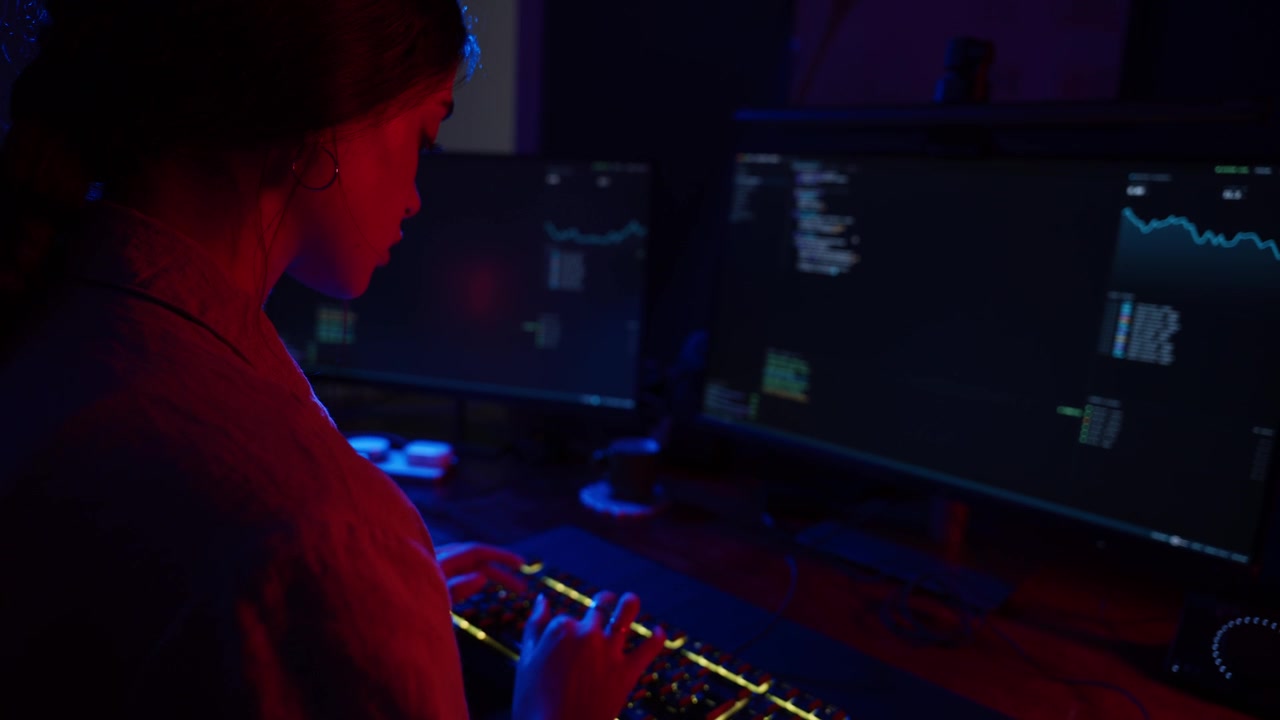 Giovane donna che programma al computer in un ufficio buio