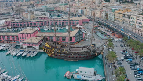 neptune replica spanish galleon ship at genoa waterfront - tourist attraction