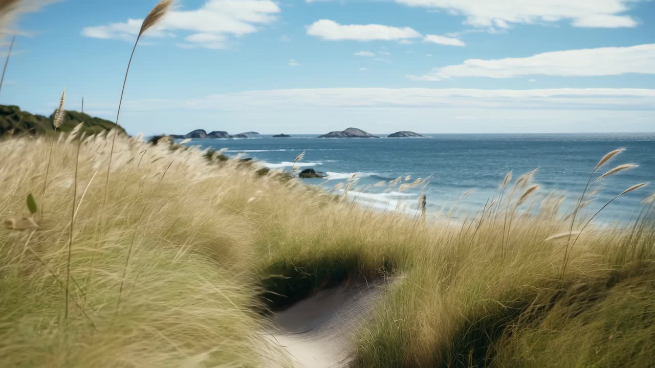 A serene coastal landscape video captured from a low angle, showcasing swaying grasses and a distant