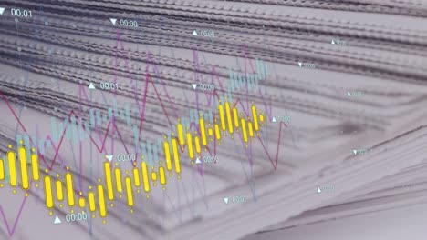 Animation-of-multiple-graphs-and-trading-board-over-pile-of-newspapers-on-white-desk