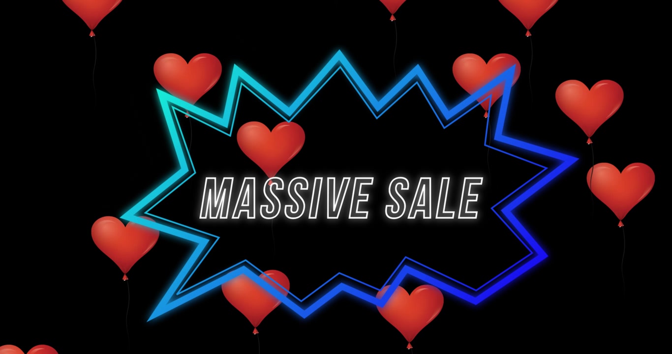 Animation d'une vente massive sur des formes et des cœurs sur fond noir.