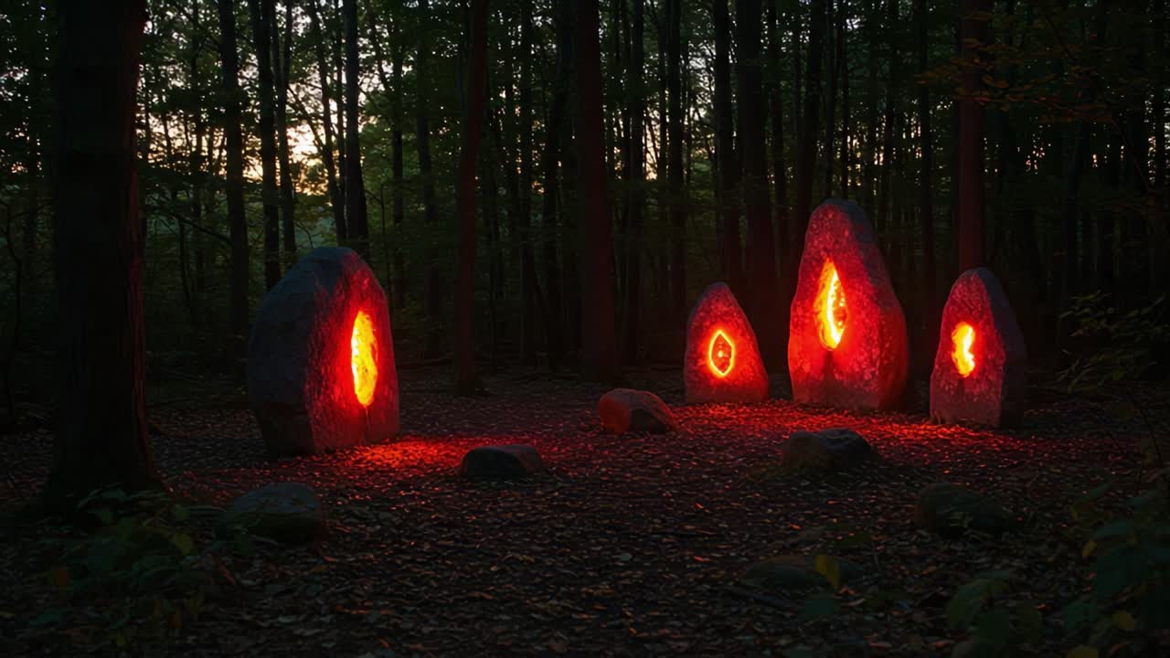 Opplyst steinsirkel i fortryllet skog i skumringen, som viser mystiske symboler som utstråler en brennende glød blant gamle trær