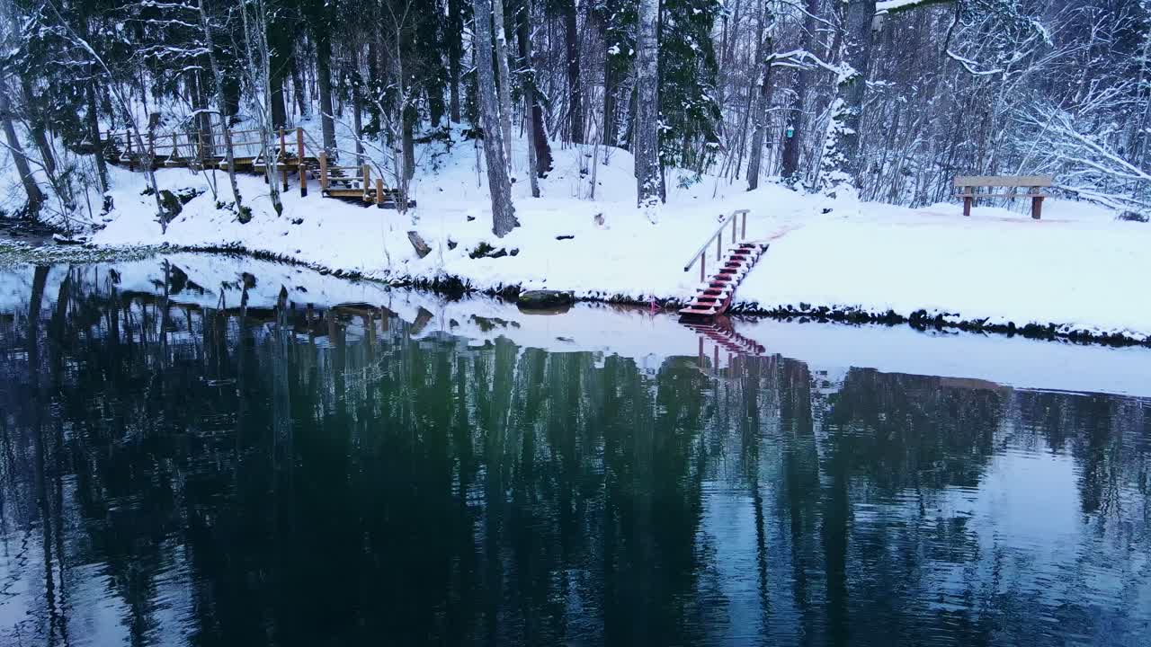 Tranquil cold dip spot with calm water and snowy shoreline for winter swims