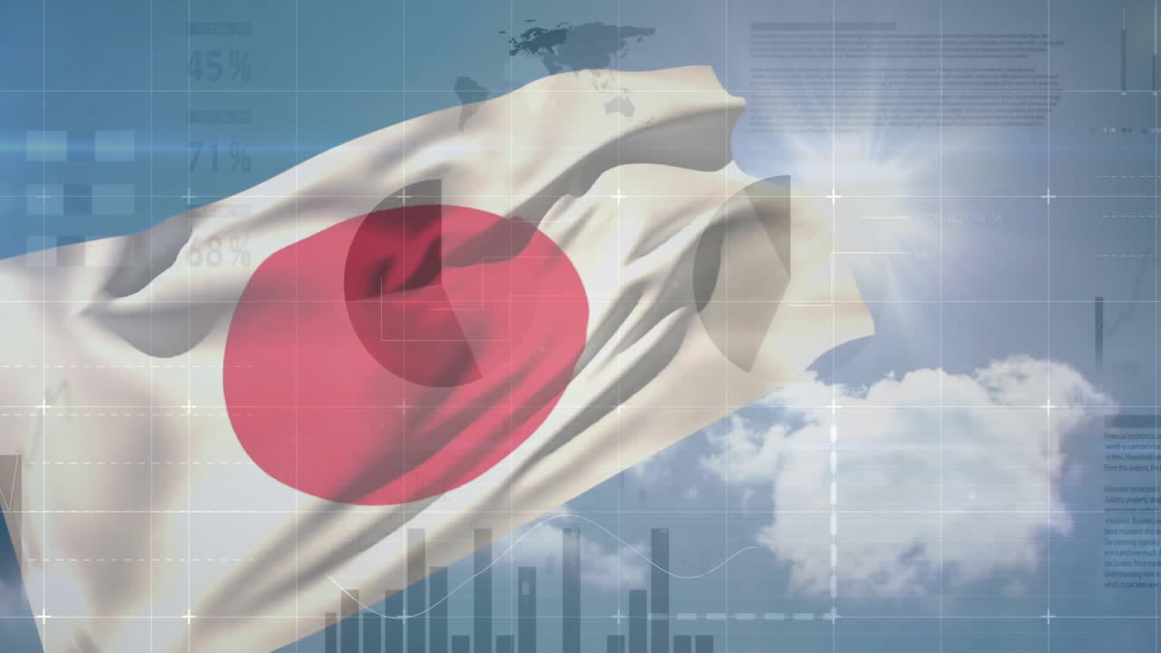 Waving Japanese flag over world map with digital graphs in animation style