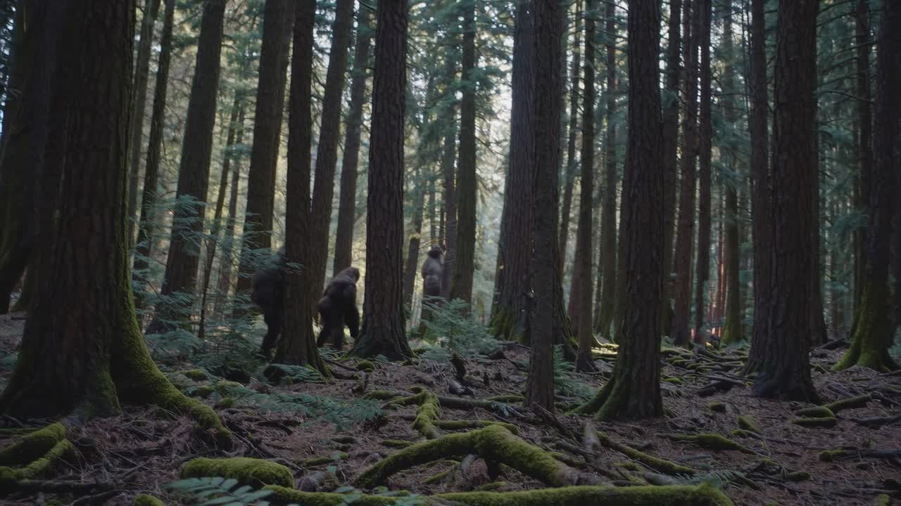 Et videobilde av en Bigfoot-figur som går gjennom en tett skog
