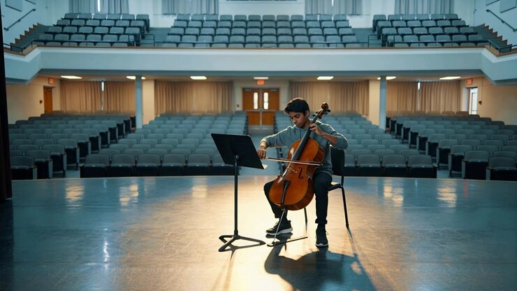 Studente che suona il violoncello con felpa con cappuccio dopo l'indicazione dello spartito, tirando l'archetto, spostando le dita sul palco.