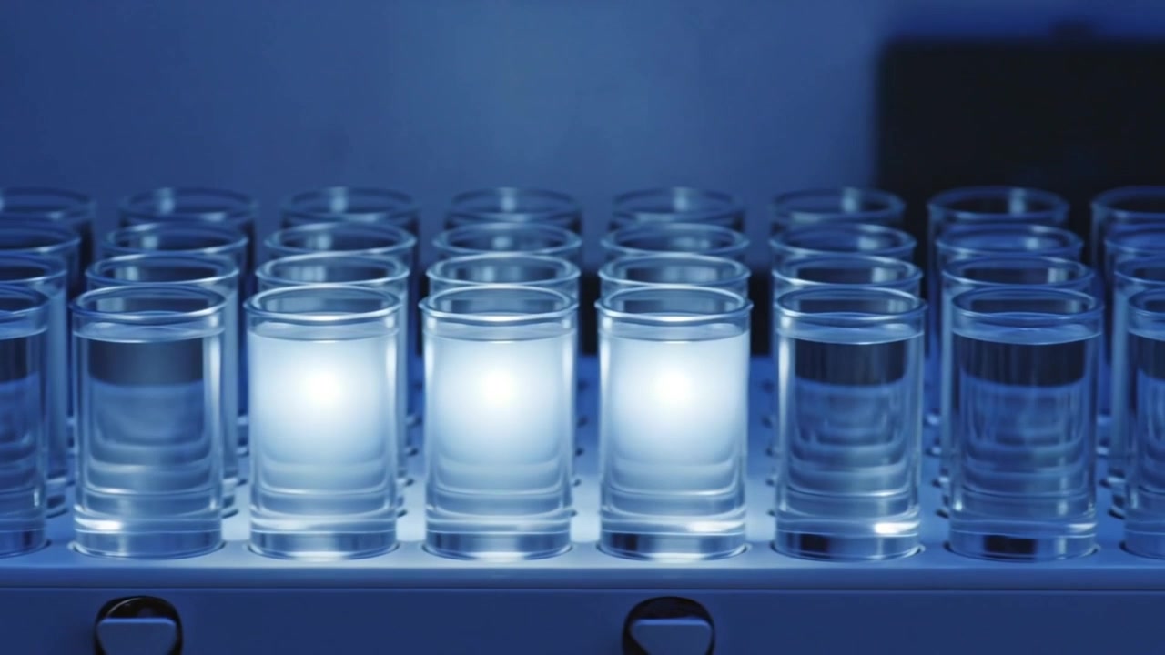 Fiale centrali che si illuminano dopo l'inizio di un'illuminazione blu, diffondendo un bagliore verso l'alto su un vassoio da laboratorio.
