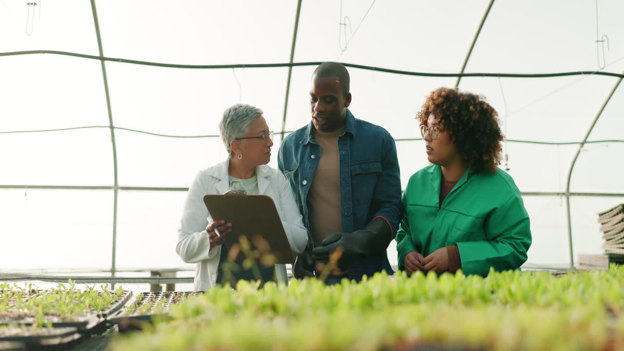 Greenhouse, farmer and scientist with checklist