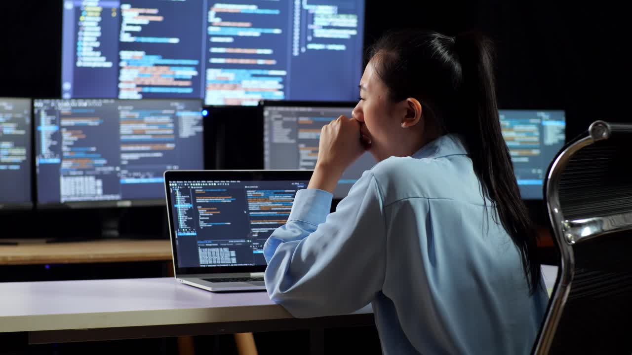 Back View Of Asian Female Programmer Yawning While Writing Code By A Laptop Using Multiple Monitors Showing Database On Terminal Window Desktops In The Office