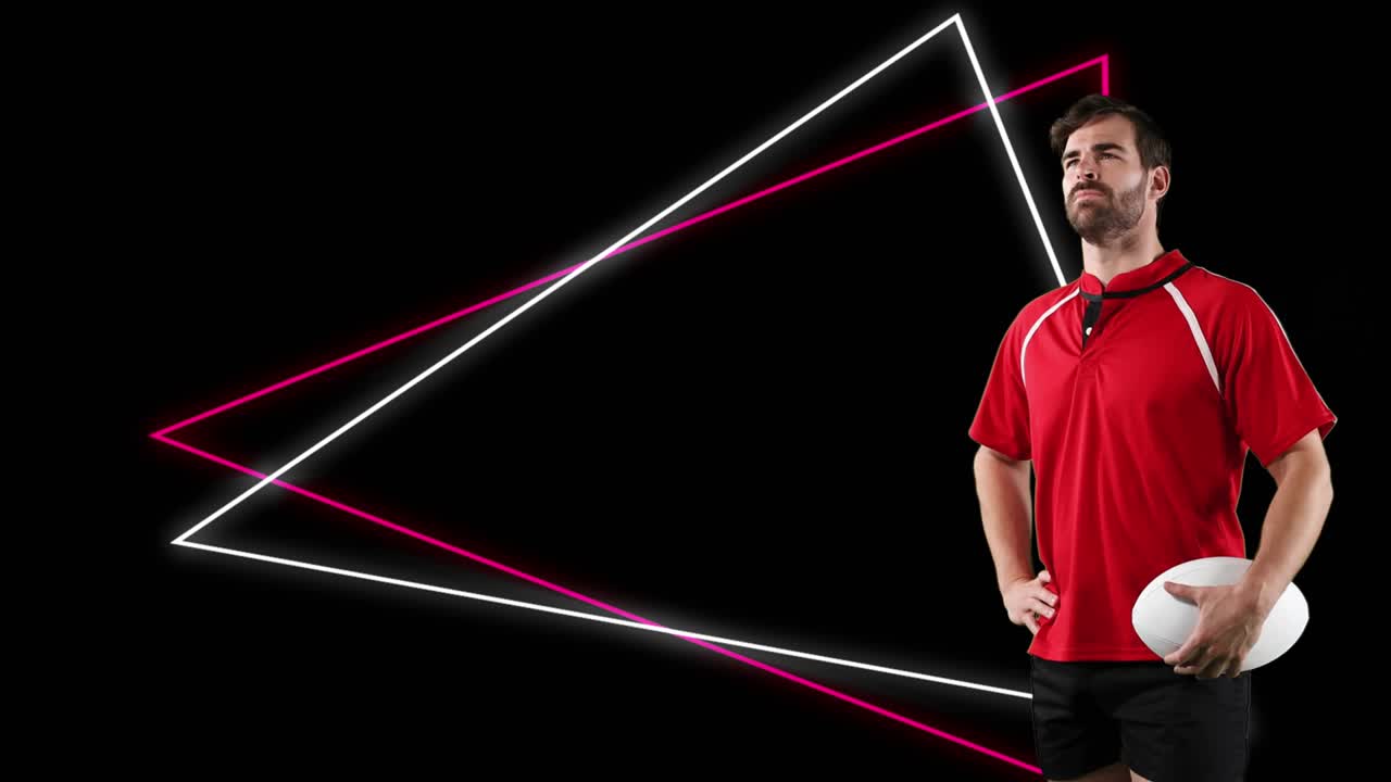 animación de triángulos de neón rojos y blancos y jugador de rugby caucásico que sostiene la pelota