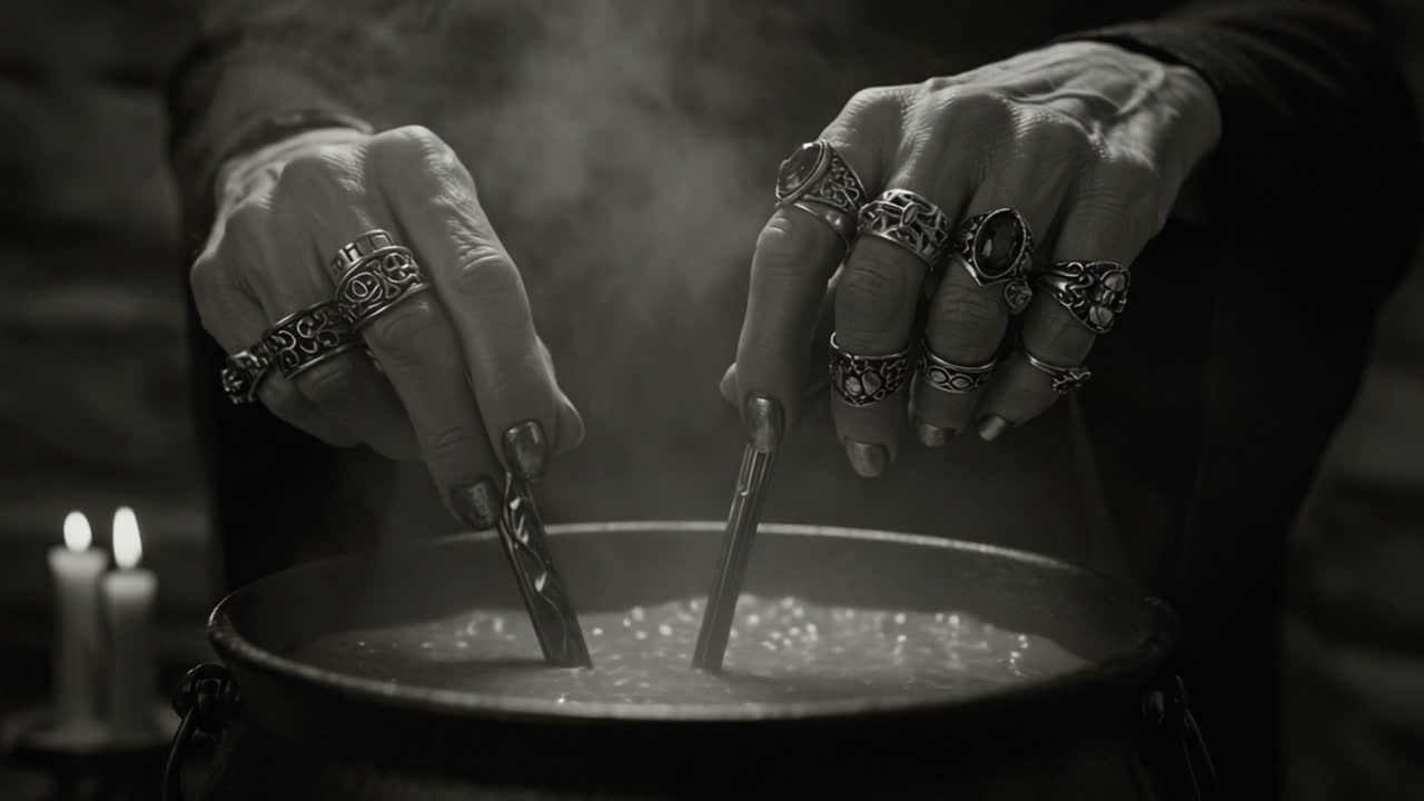 Mysterious Hands Stirring a Cauldron: Exploring the Enigmatic Rituals of Alchemy with Silver Rings and Ethereal Smoke