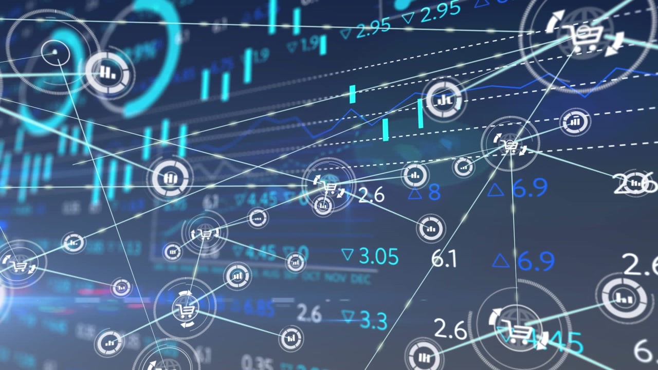 Animazione di una rete di icone digitali su elaborazione di dati del mercato azionario su sfondo blu