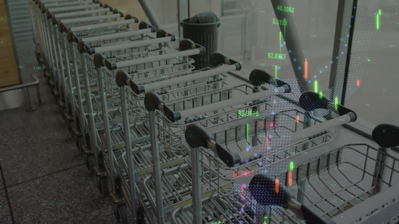 쇼핑 트롤리 위에서 통계 및 금융 데이터 처리의 애니메이션