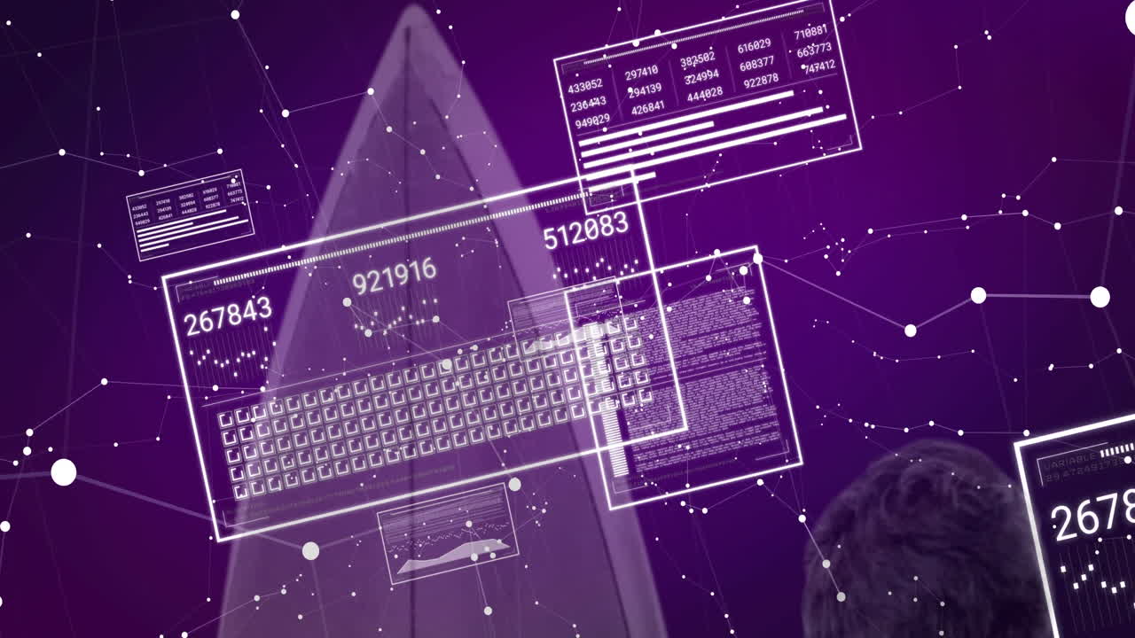 Coding animation with digital data over purple background with network connections