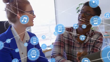 Animation of network of connections over diverse business people in office