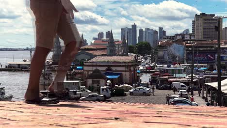 brazil, belem, the ver-o-peso market and surroundings:a view from the forte do presépio towards the ver-o-peso market on the amazon river, the historic fort and bustling market along the riverbank.