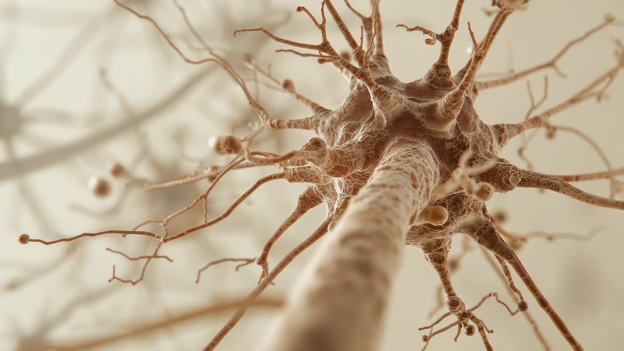 Pushing camera toward central neuron, showing soma surface, dendrites and boutons to study