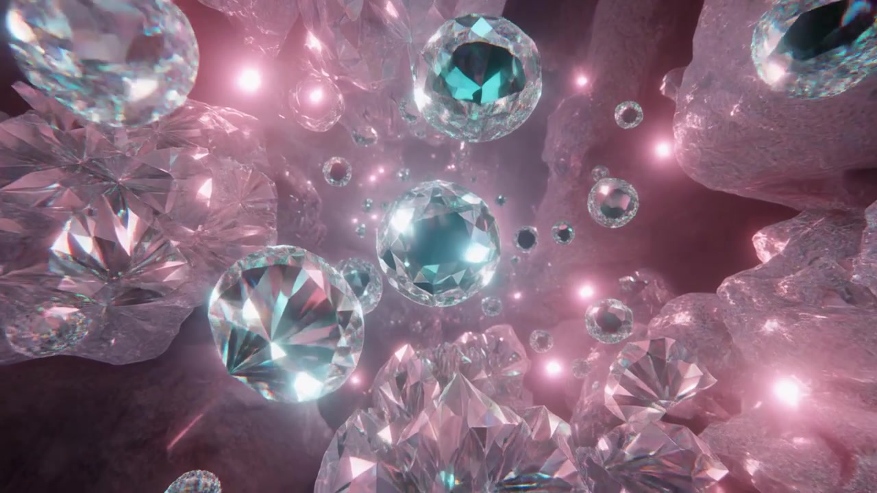 Diamanti e cristalli fluttuanti in uno spazio rosa astratto