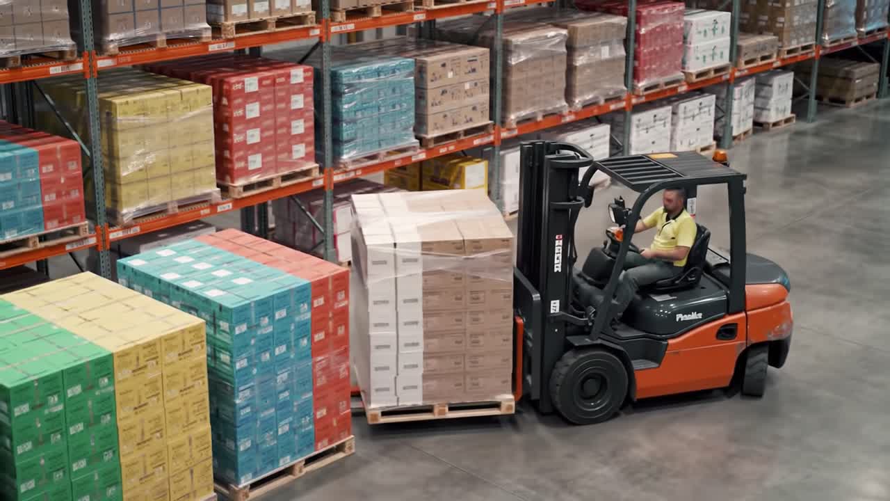 A warehouse worker skillfully operates a forklift, transporting a pallet of neatly stacked boxes between colorful storage shelves, optimizing the inventory management process