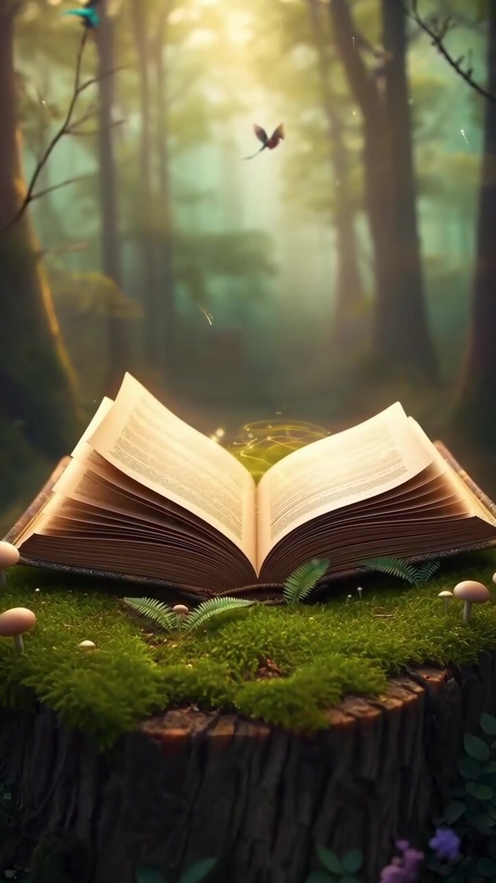 Libro magico aperto in una foresta incantata con particelle luminose