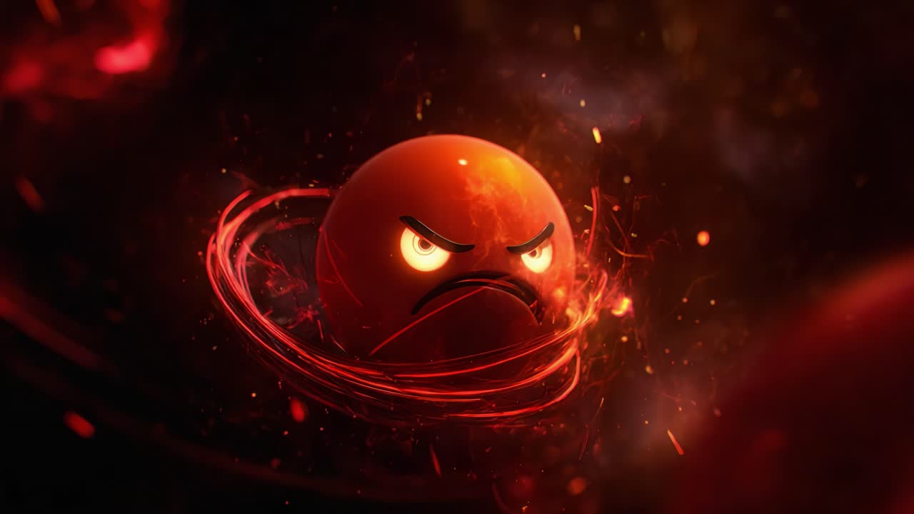 An enraged orange sphere surrounded by swirling flames and shadows, illustrating a powerful expression of anger and intensity, set against a dynamic cosmic backdrop