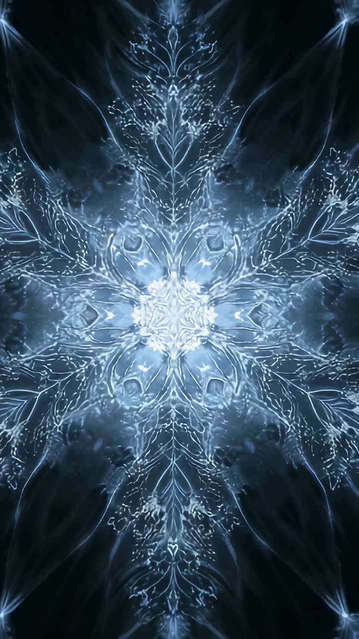 Vertical video: Frames starting mandala morphing on smoke, blue core, vein sparks pulsing