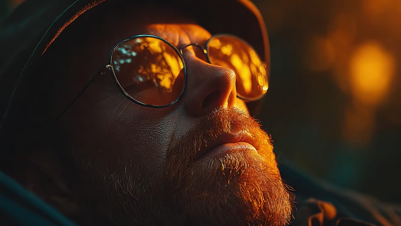 A Serene Moment: A Close-Up of a Man with Glasses Relaxing in Nature at Sunset, Capturing Tranquility and Reflection in a Beautiful Warm Light