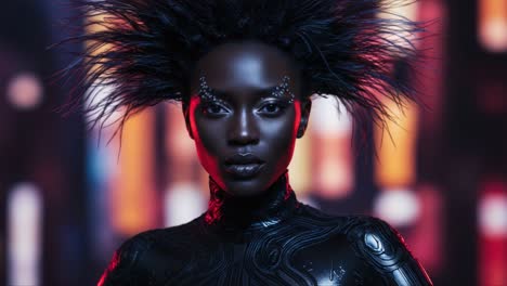 a striking portrait of a model with elaborate styling and dramatic lighting, capturing the essence of modern fashion and futuristic aesthetics