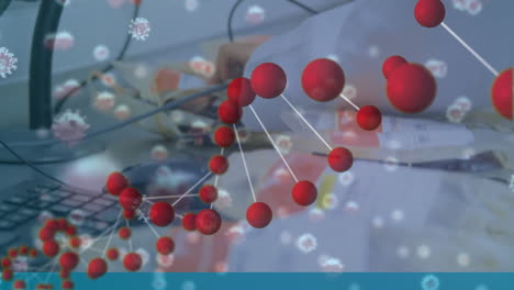 la estructura del adn y las células de la covid-19 contra el científico que trabaja en el laboratorio