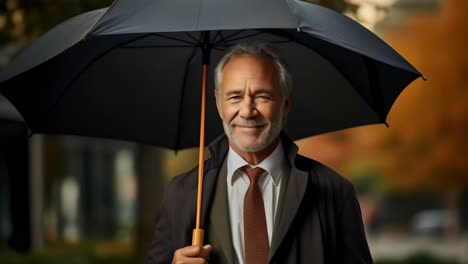 older man standing in the street on a rainy winter day.