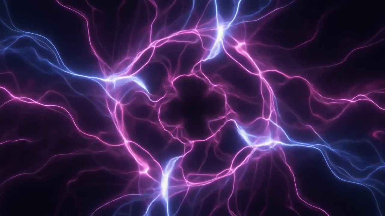 Portale di energia luminoso astratto con fulmini pulsanti viola e blu