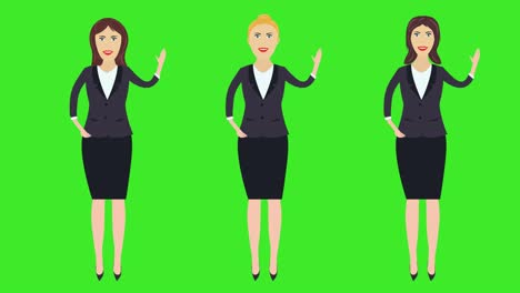 set of 3 business women, hello welcoming gesturing by hand, cartoon animation, green screen chroma key