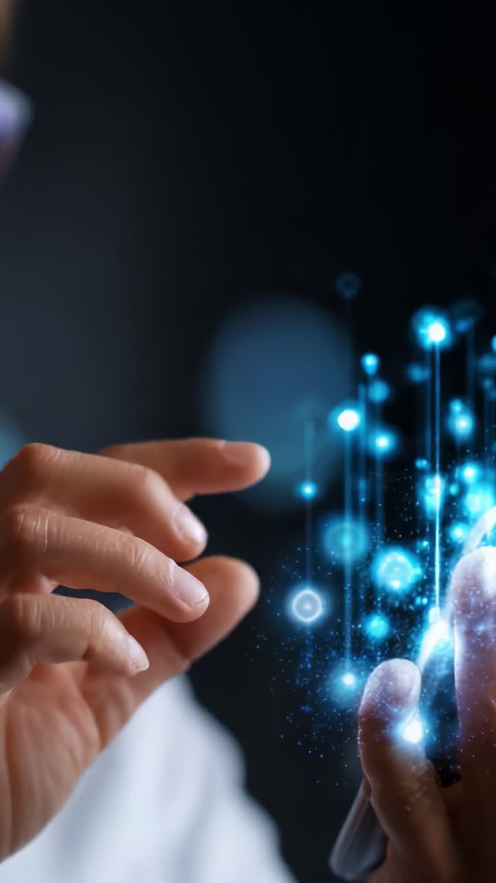 Interazione digitale illuminata: primo piano di una mano che manipola un'interfaccia fluttuante e luminosa che rappresenta tecnologia avanzata e connettività