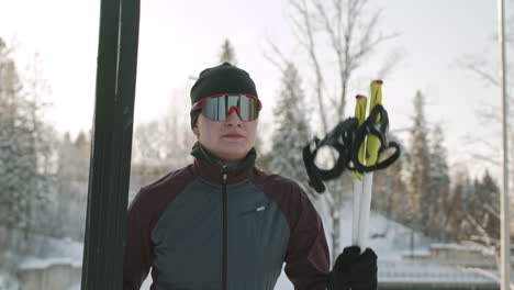 female biathlete in winter training