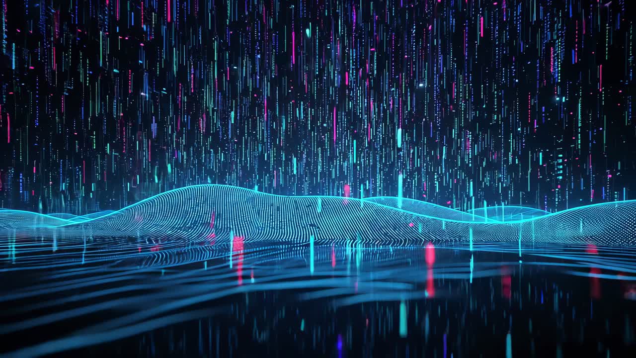 Starting neon bars descending, glowing cyan grid pulsing, shifting and reflecting streams in void